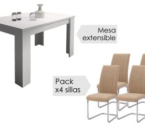 Conjunto mesa corfu blanca + sillas san beig